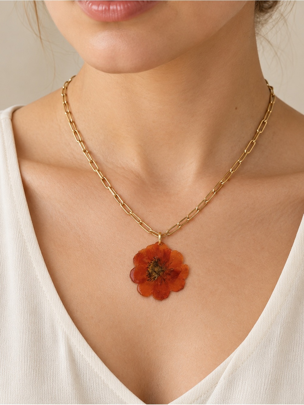 Exclusive Handmade steel Gold Necklace with Orange Flower Pendant steel 316L
